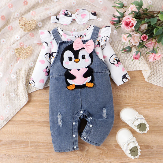 PatPat 3pcs Baby Girl Cute Penguin Animal Tshirt and Denim Overall Set